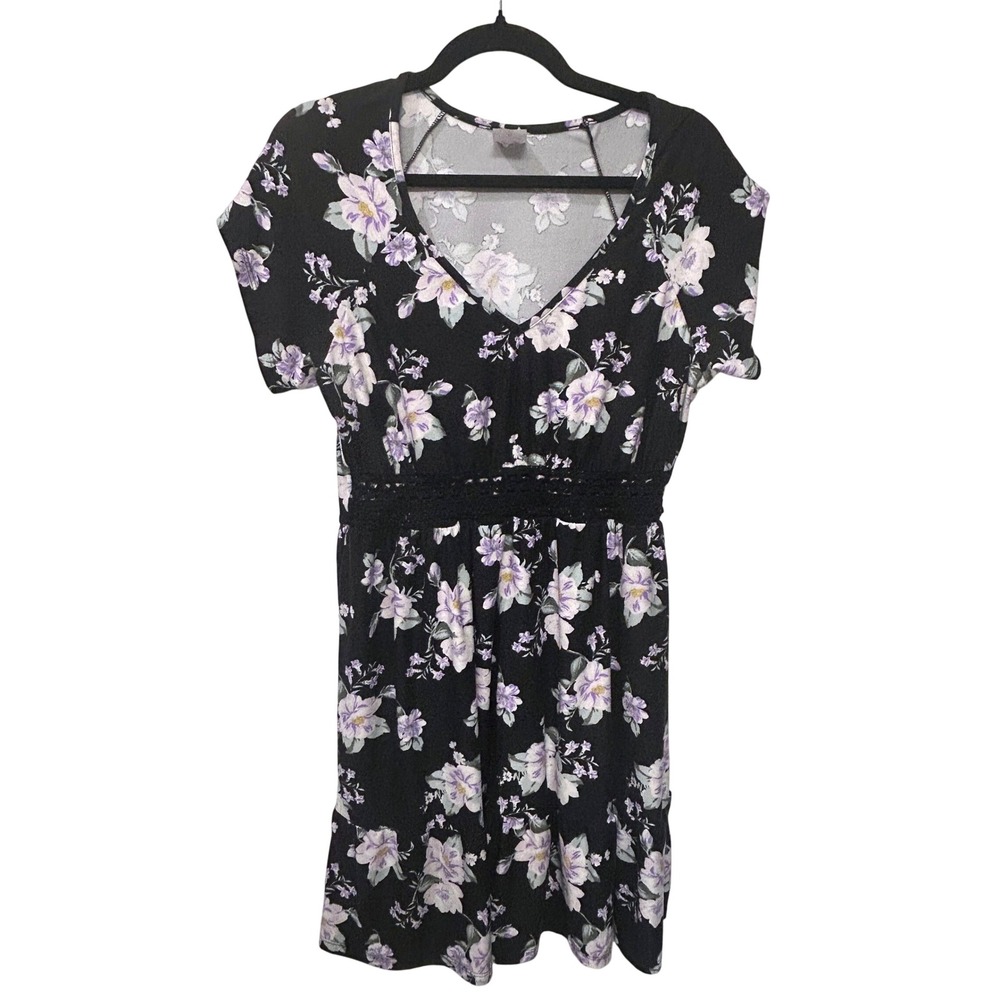 No Boundaries Womens XL Black Purple Floral‎ V-Neck Crochet Waist Skater Dress